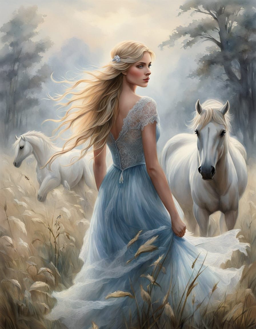 Ethereal Blonde Girl in Misty Morning Landscape