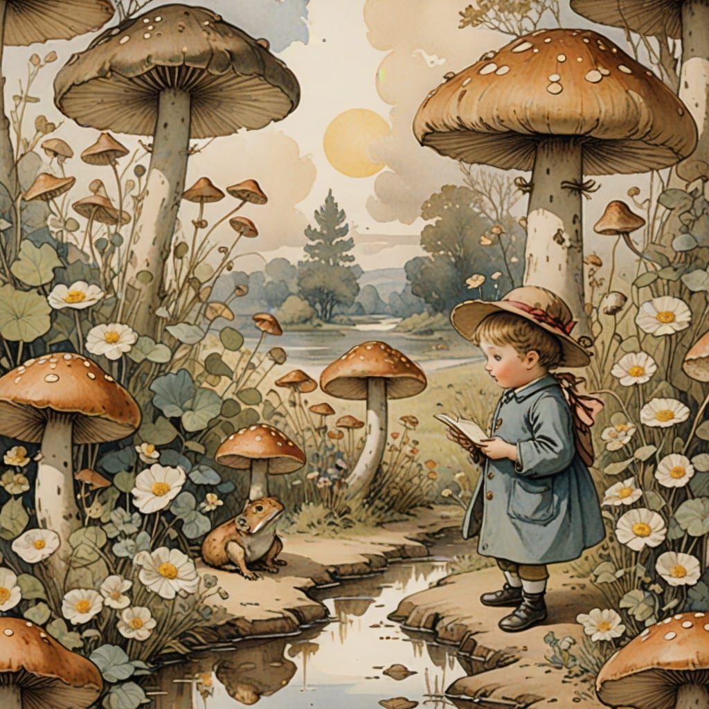 Whimsical Watercolor Toadstool Scene with Golden Gilded Edge...