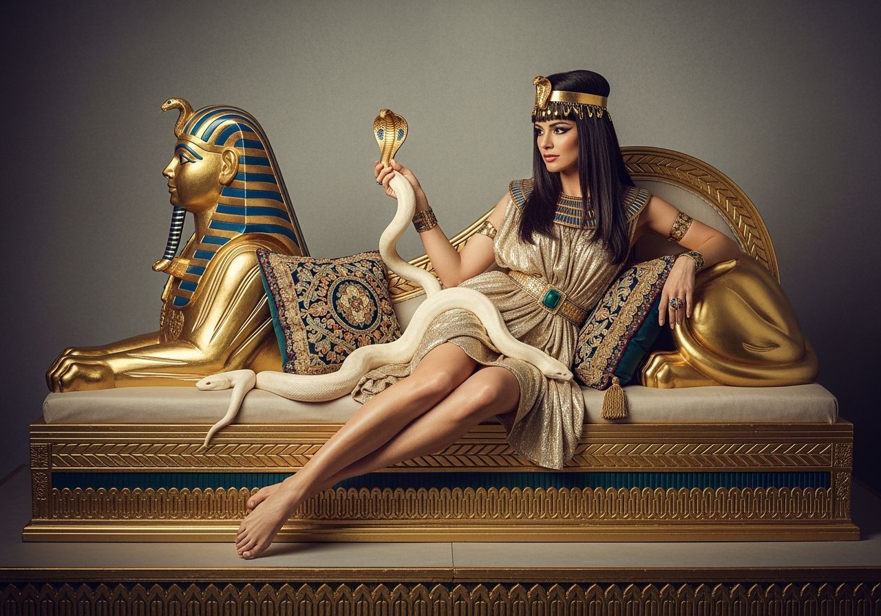 Egyptian Queen with Snake on Golden Chaise Lounge