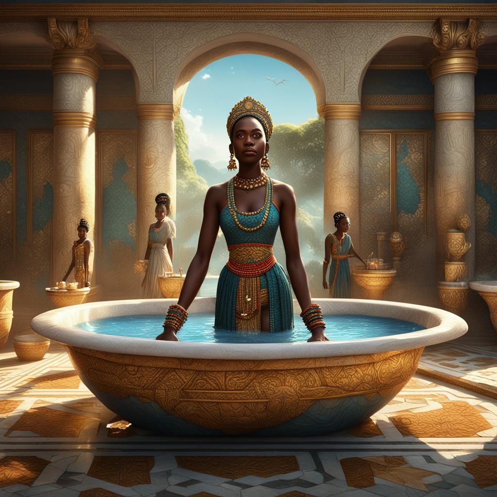Elegant African Queen Bathing Scene: Fantasy Concept Art