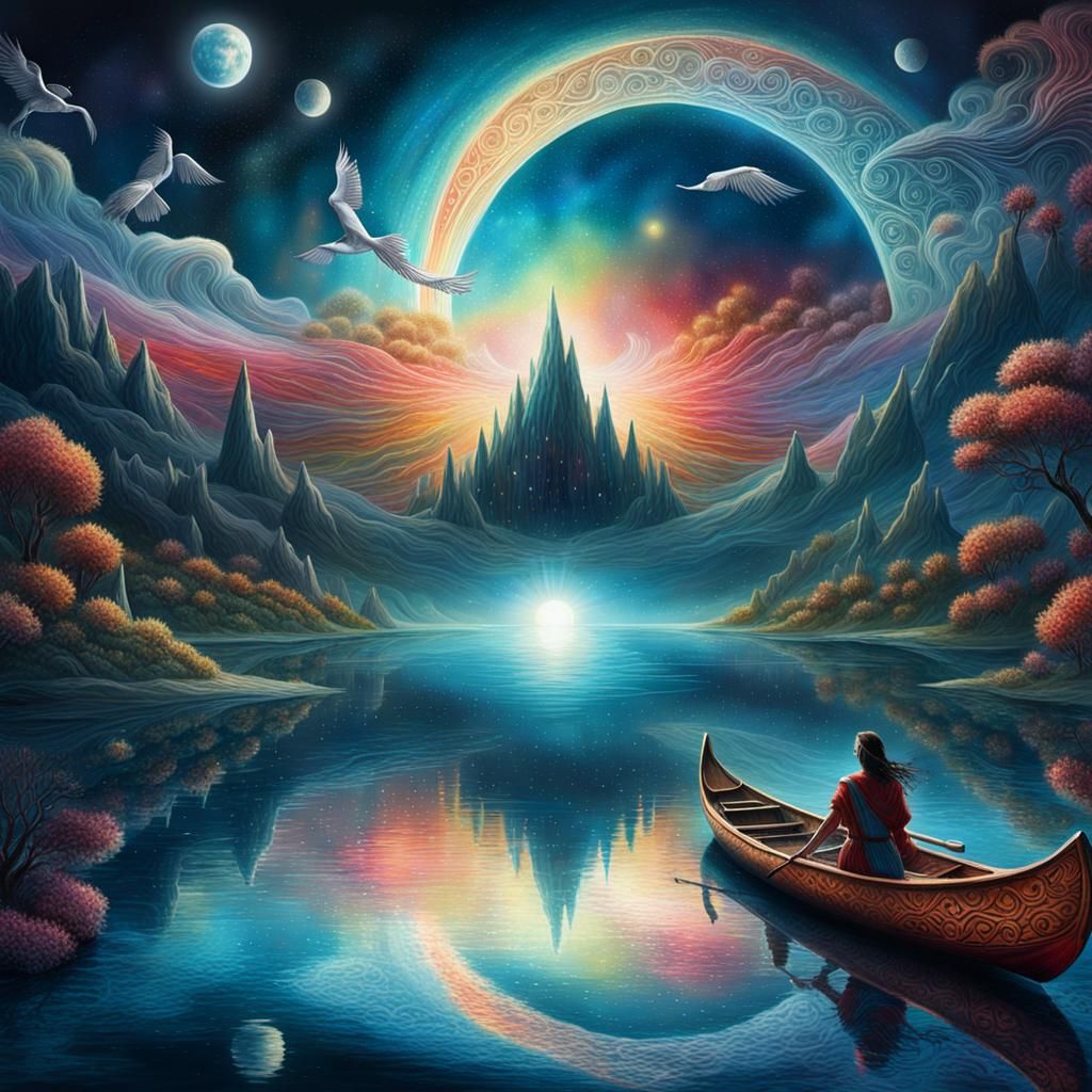 Mystical Rower on Dark Lake: Astral Illustration