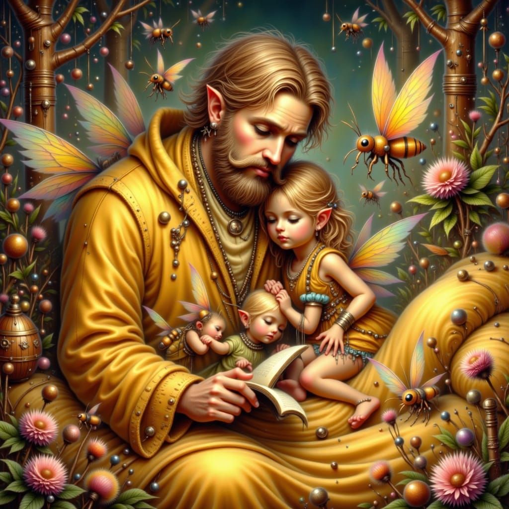 Daddy Bee's Bedtime Story: Whimsical Honeycomb Illustration