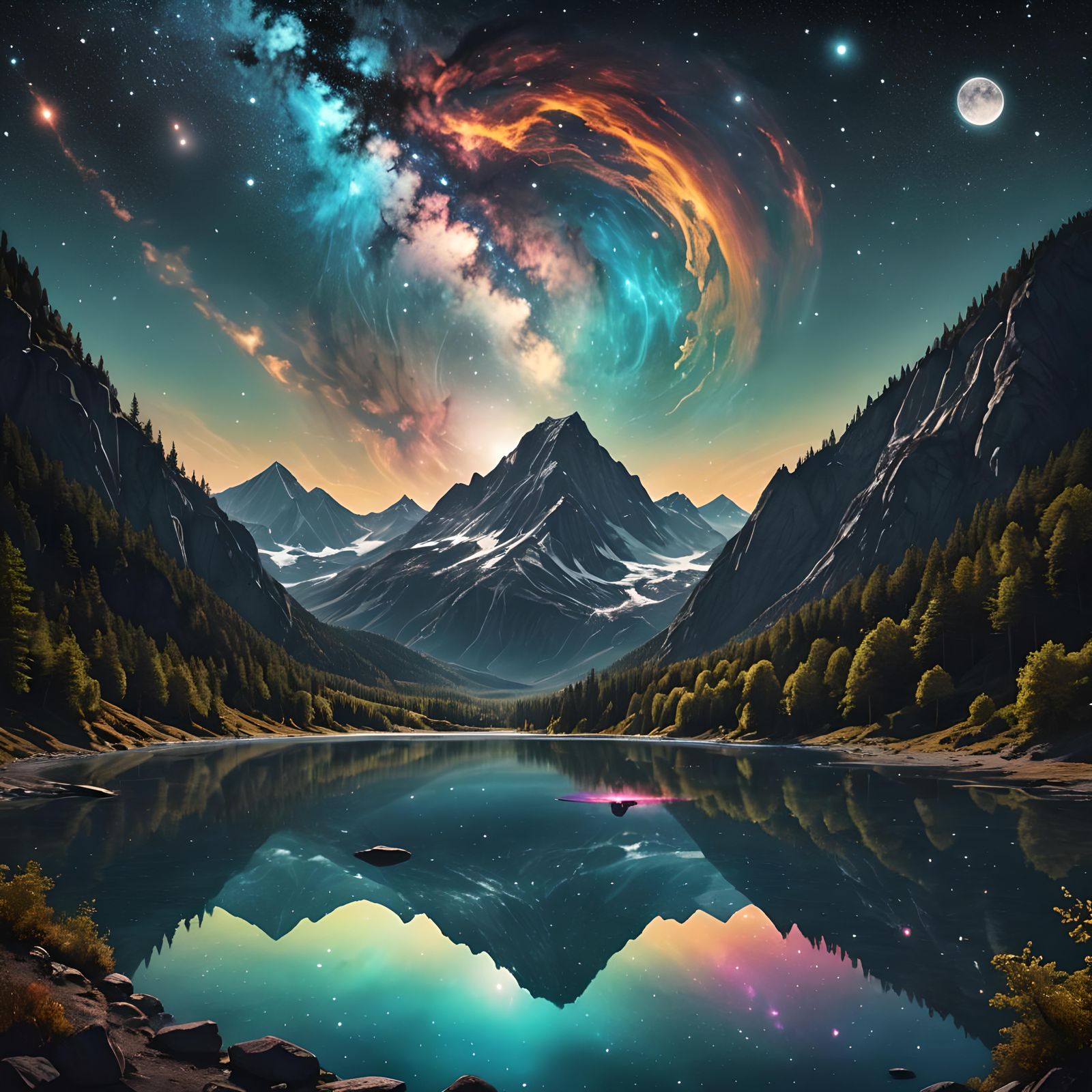 Galaxy Black Hole Lake with Starlit Sky