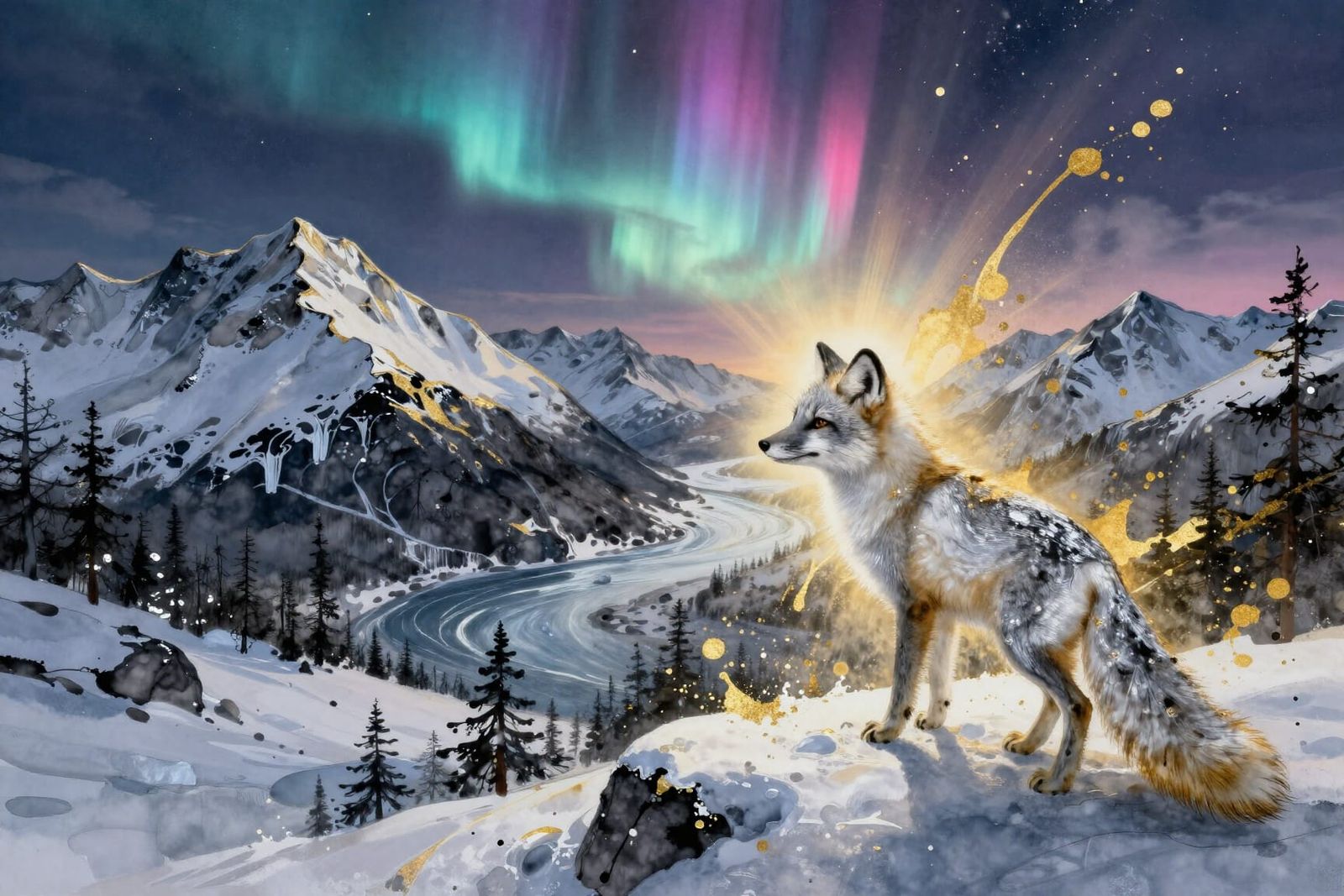 Arctic Fox in Snowy Mountain Landscape with Aurora