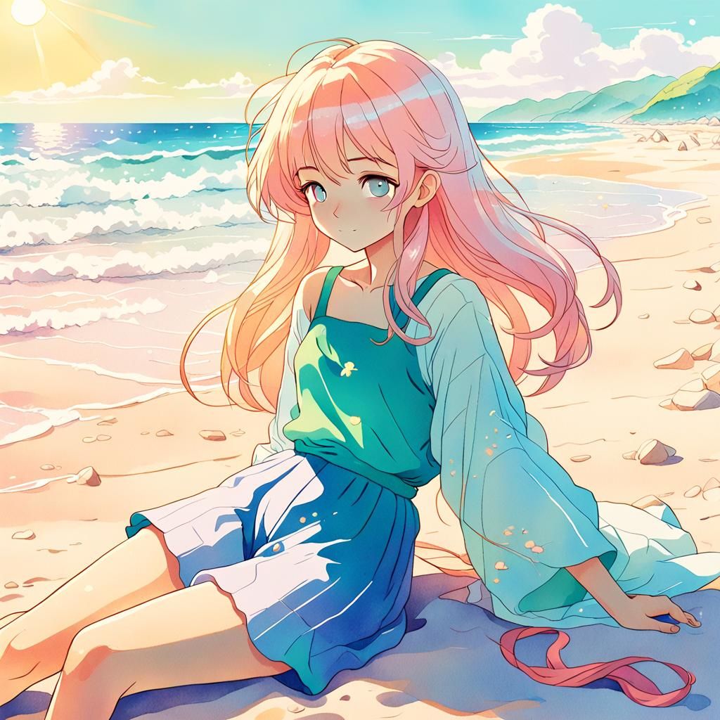 Surreal Anime Goddess Enjoys Idyllic Beach Scene in Soft Pas...