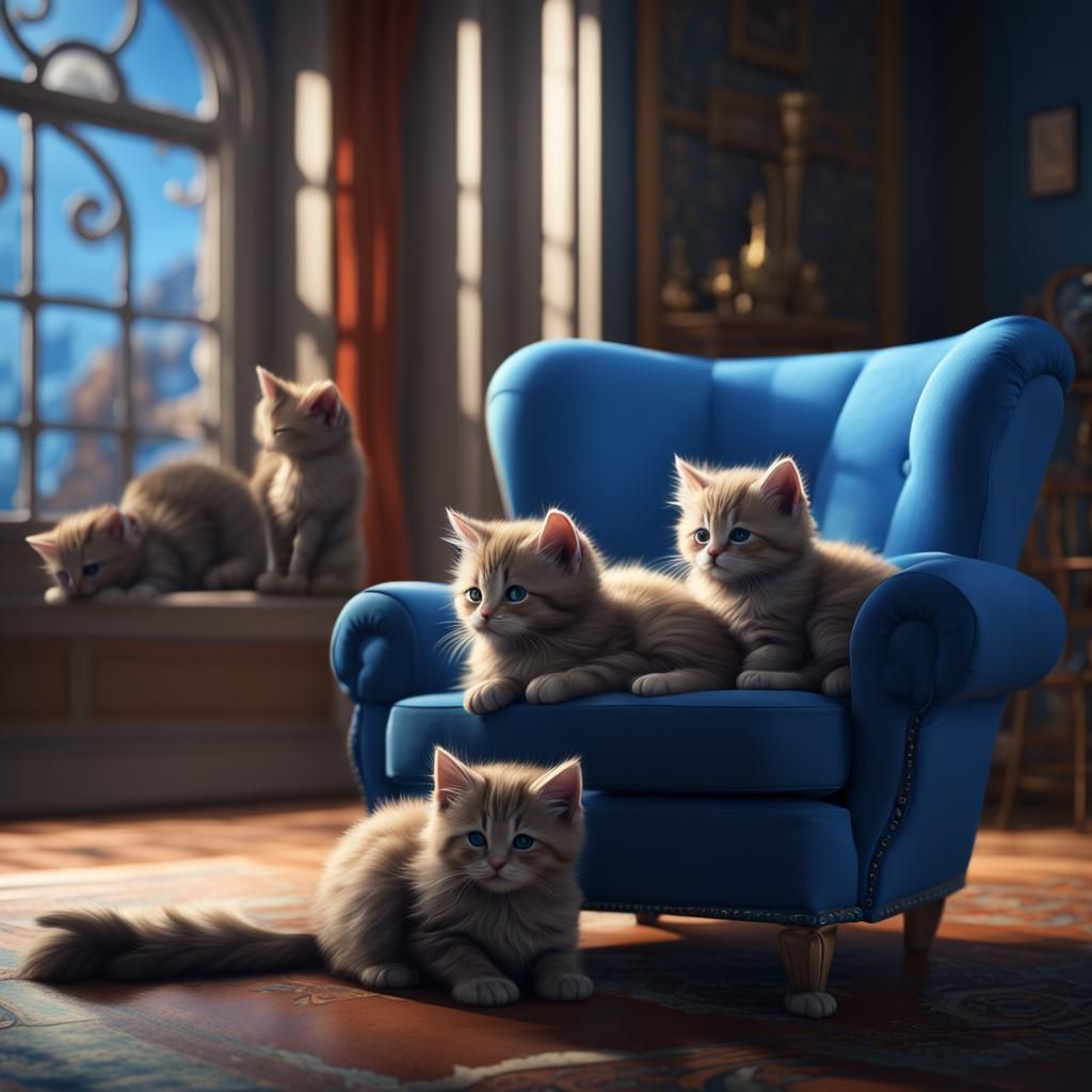 Kittens Sleeping in Blue Chair: Matte Painting