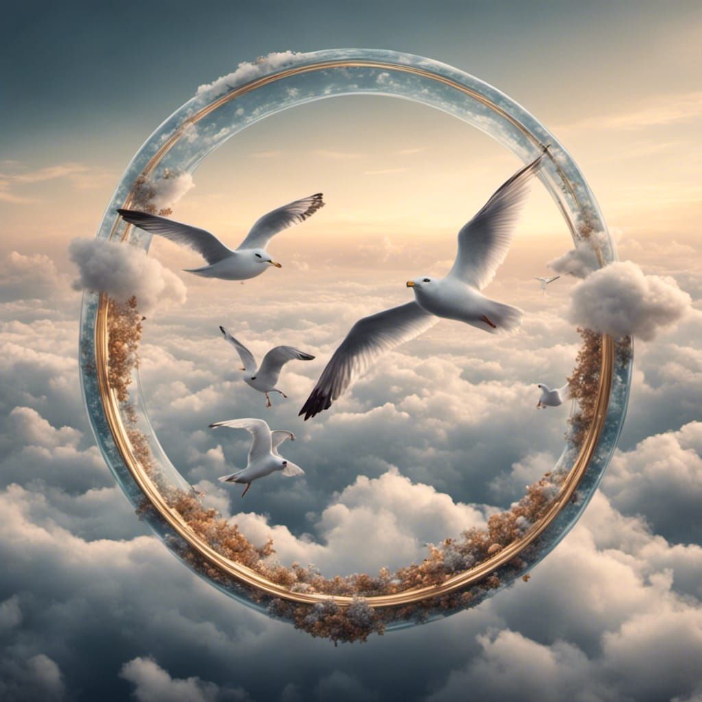 Seagulls Fly in Ring of Clouds