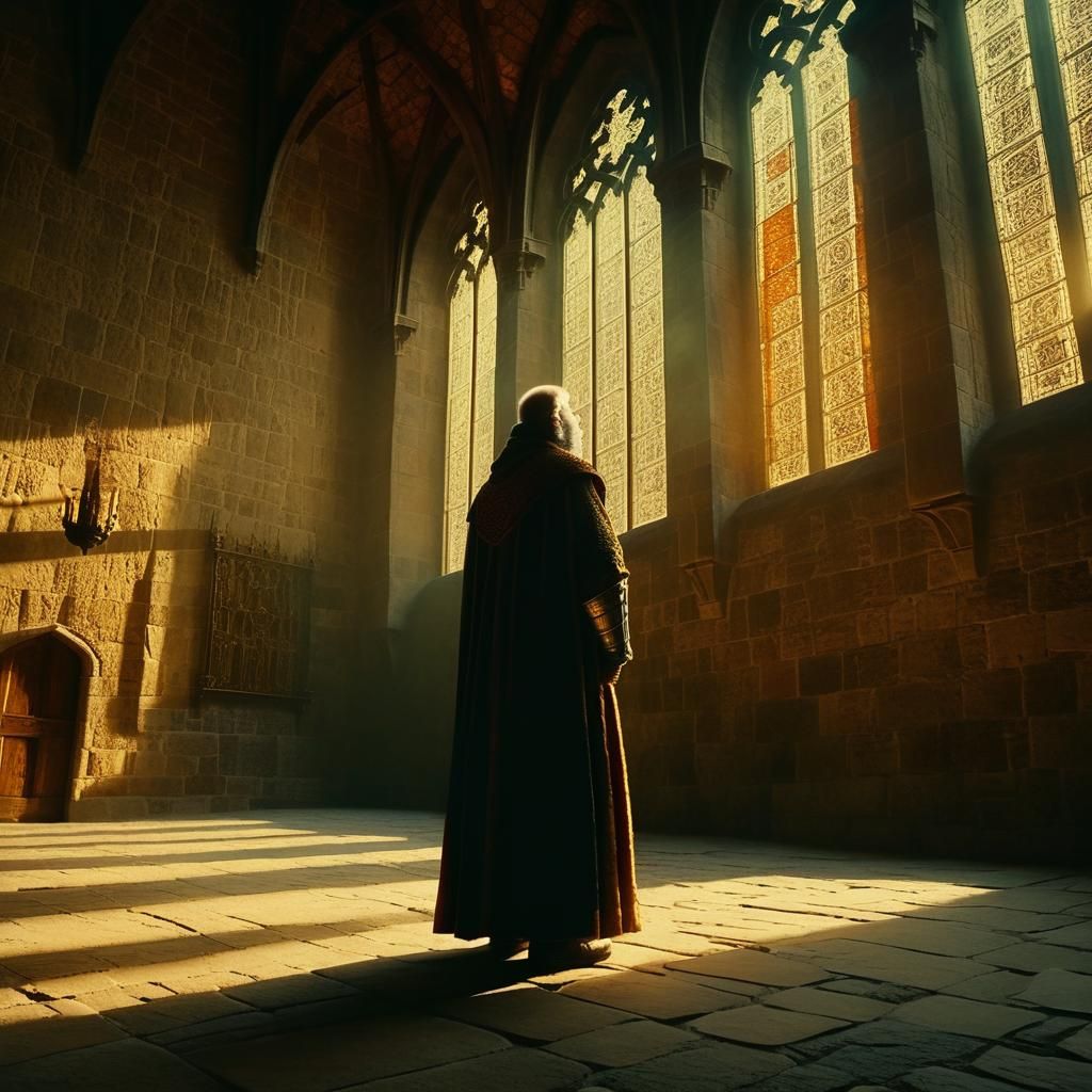 King in Grand Hall of Medieval Castle