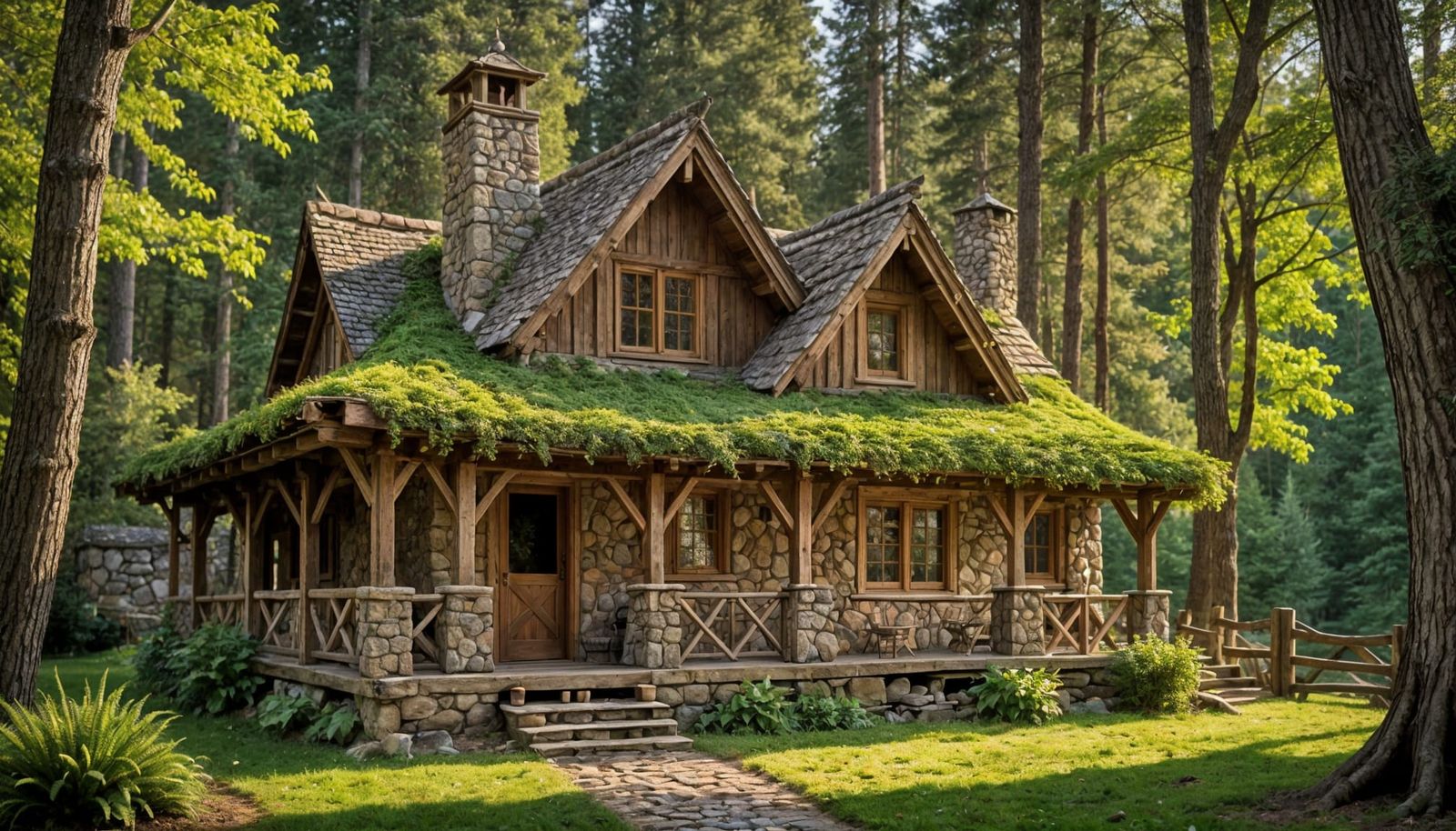 Rustic Wood and Stone Hut in Forest