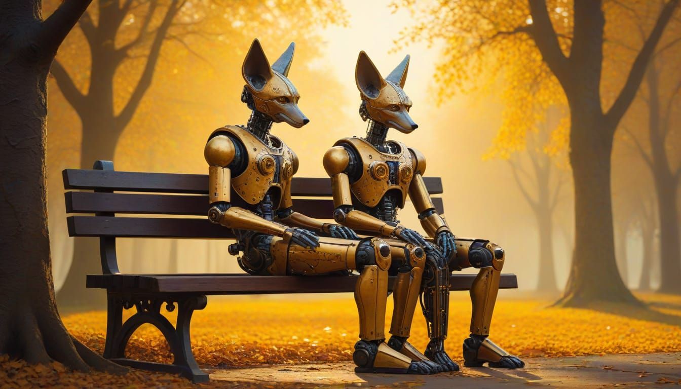 Jackal Robots Cuddle in Autumn Park, Klimt Style