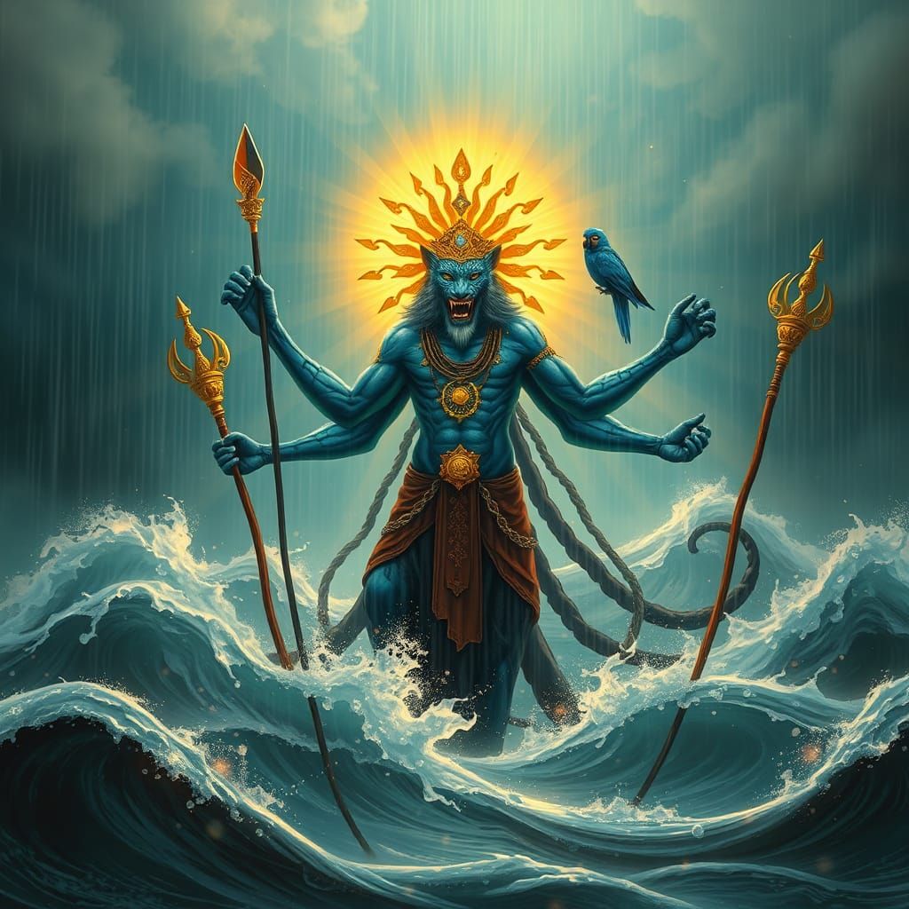 Blue Leopard Shaman in Great Flood, Symbolic Art