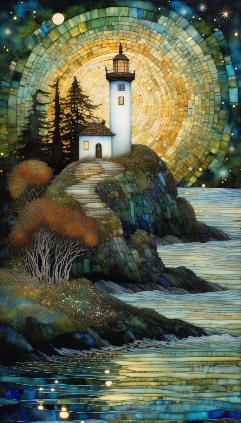 Lighthouse at Night in Art Nouveau Style