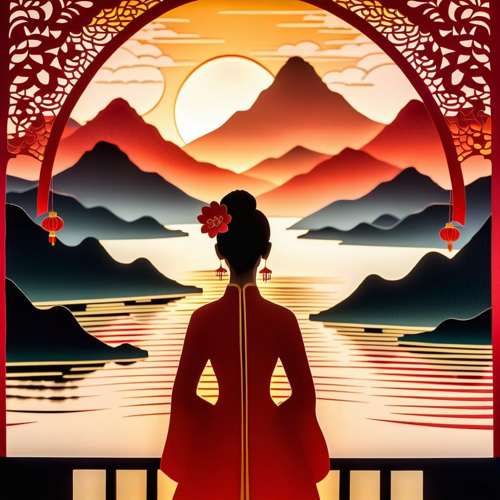 Vibrant Red Papercut of Woman Gazing at Mountains