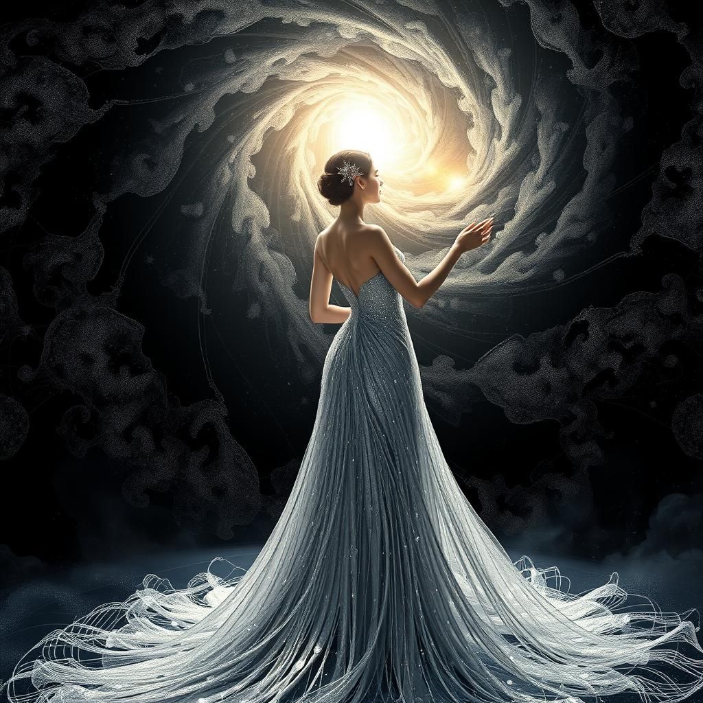 Ethereal Woman in Silver Gown Amidst Stardust