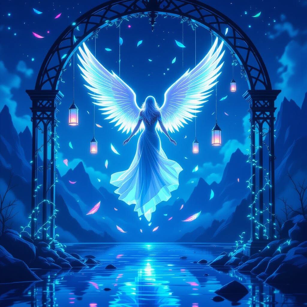 Luminous Angel Escapes Crystal Cage in Neon Serenity Style