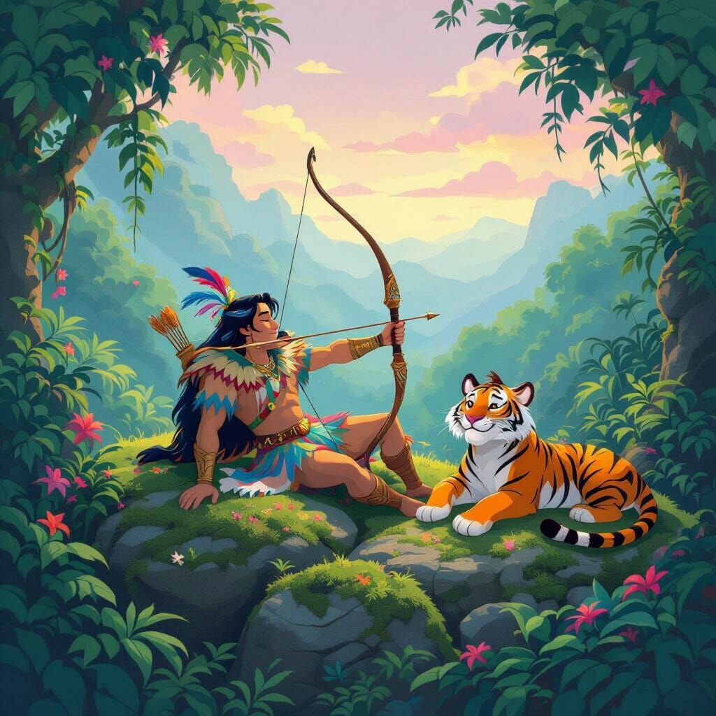 Sleeping Royal Archer in Lush Jungle, Disney Animation Style