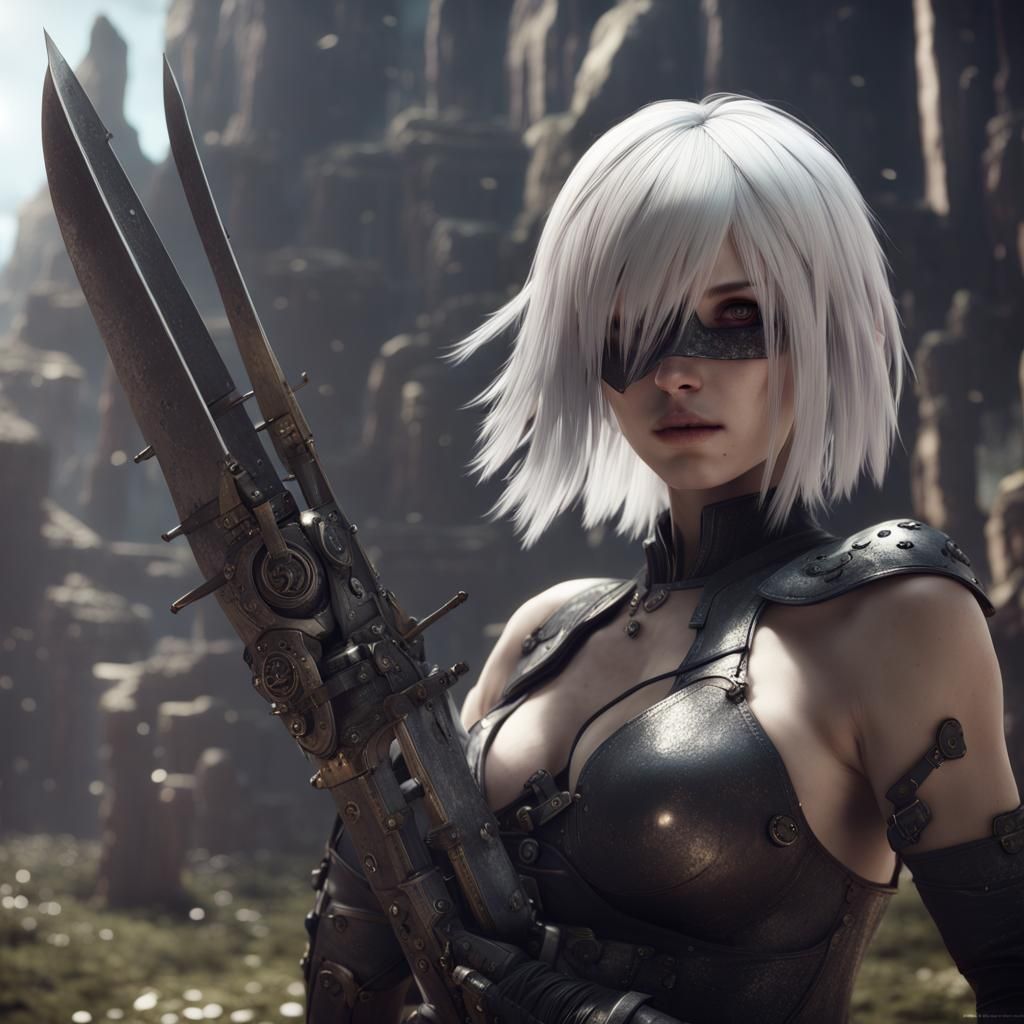 Nier Automata A2 Fighting Robots in a Destroyed World