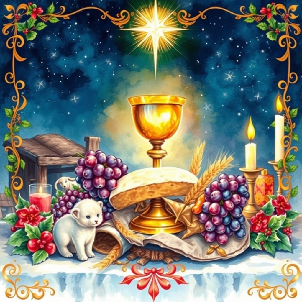 Majestic Eucharist Scene in Whimsical Watercolour