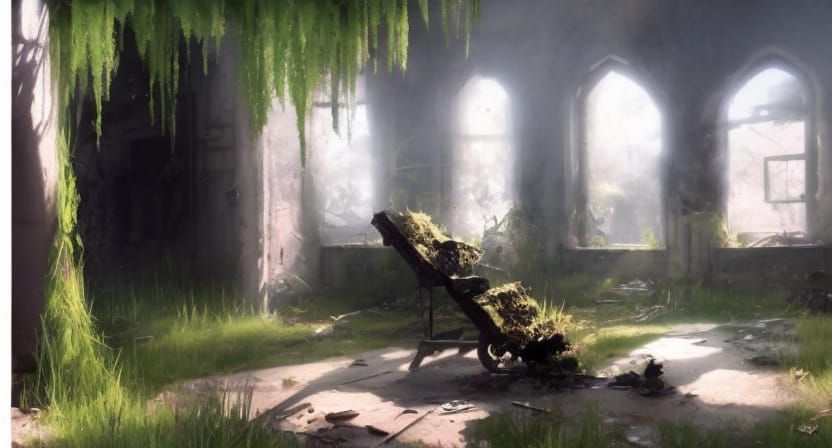 Post-Apocalyptic Building Interior with Wolf