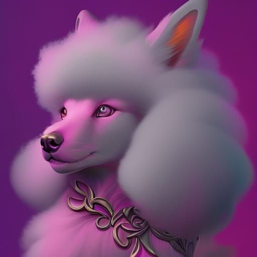 Pink fluffy poodle-dragon on the rainbow