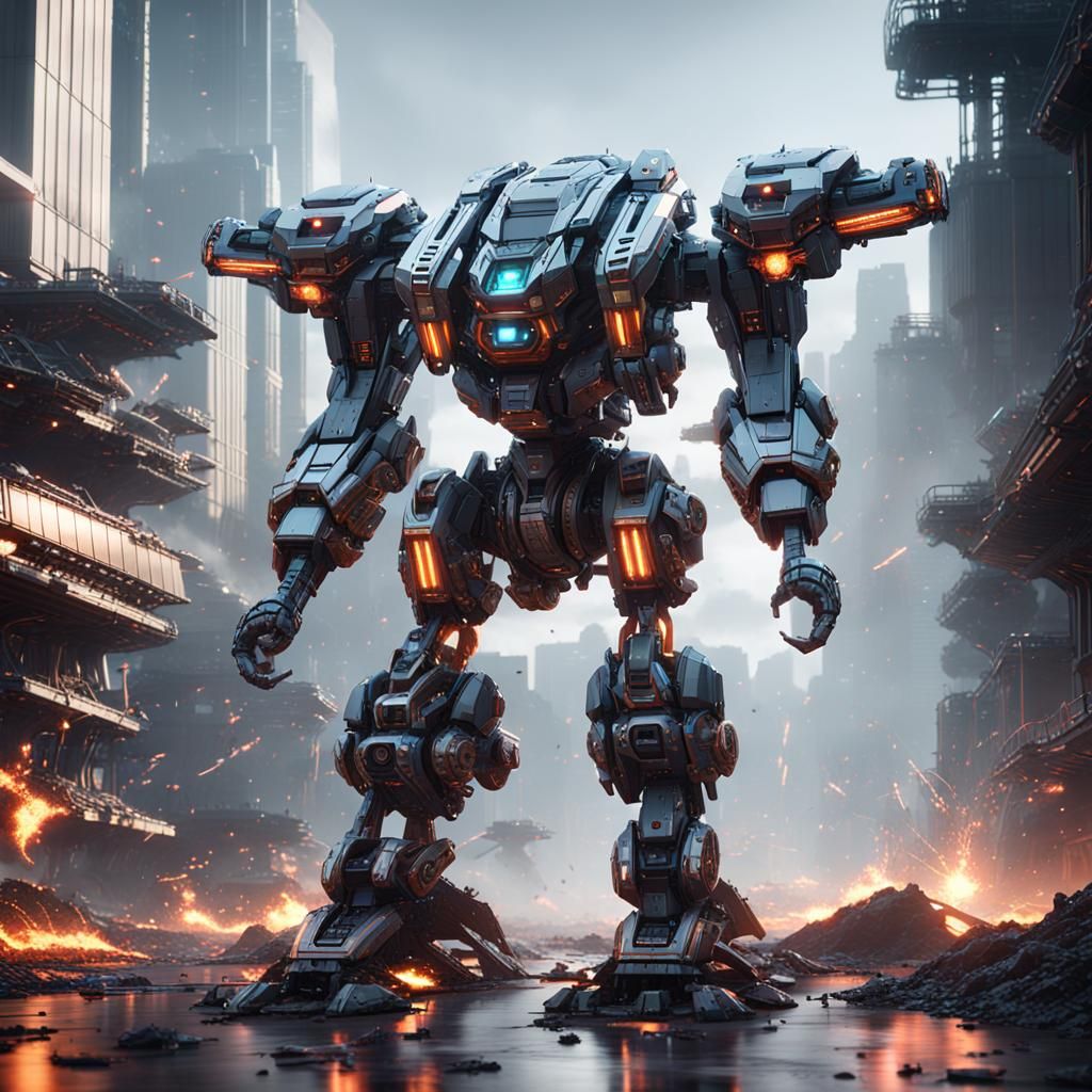 Futuristic Robot with Fire and Lasers in Sci-Fi Scene