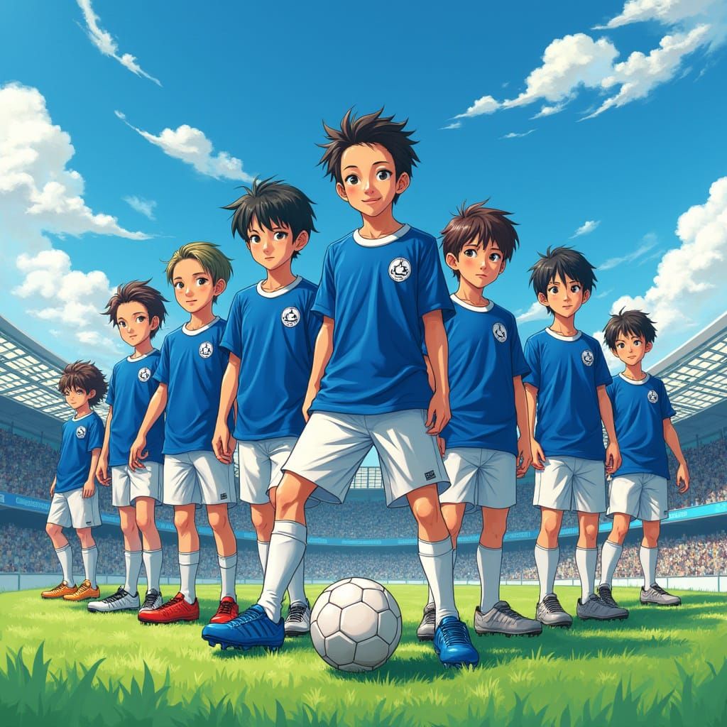 Blue Lock Soccer Players Stand Confidently on the Pitch