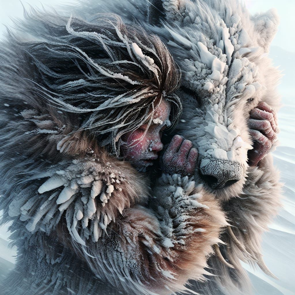 Inuit Girl's Blizzard Embrace: Matte Style Painting