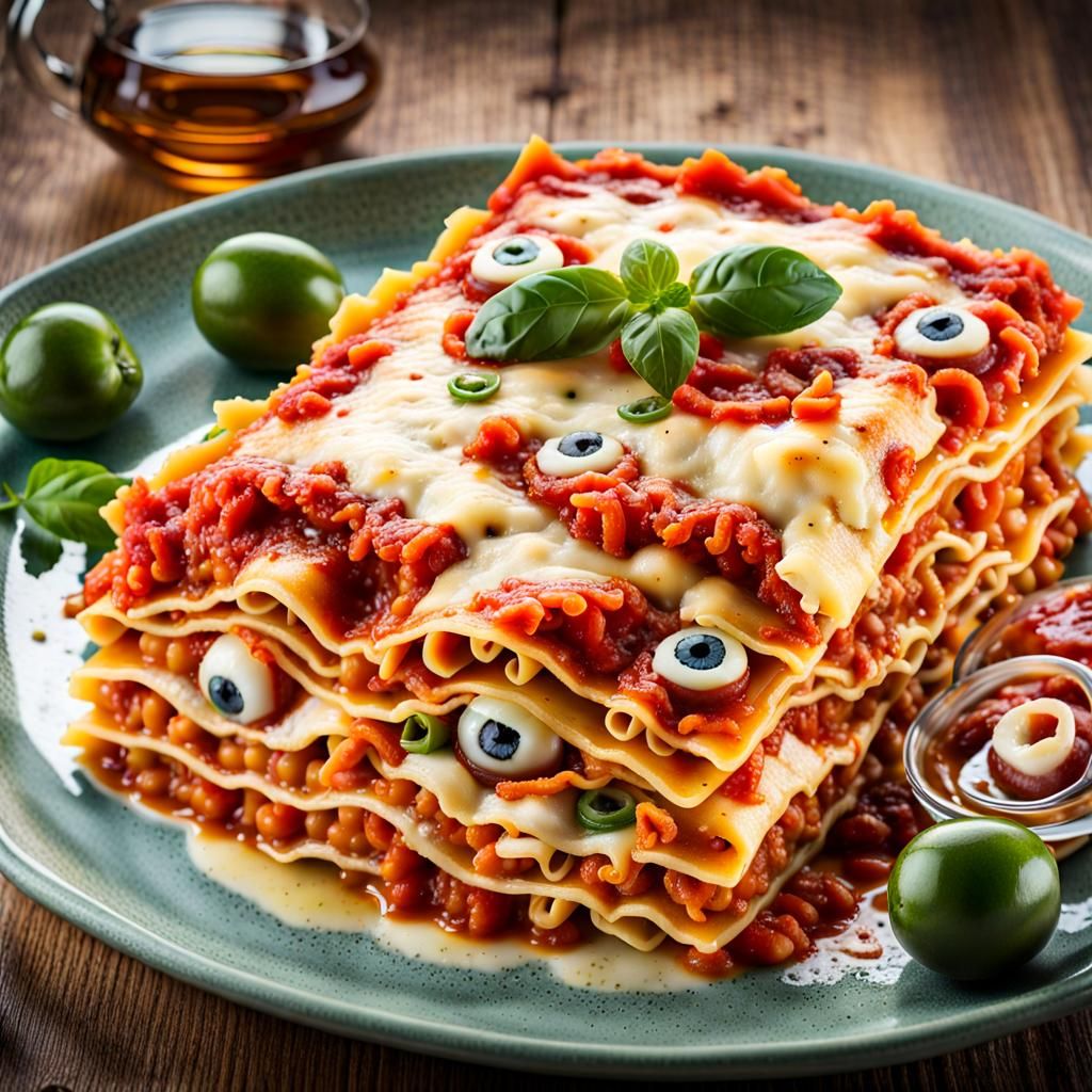 Lasagna Food Portrait with Realistic Human Eyeballs