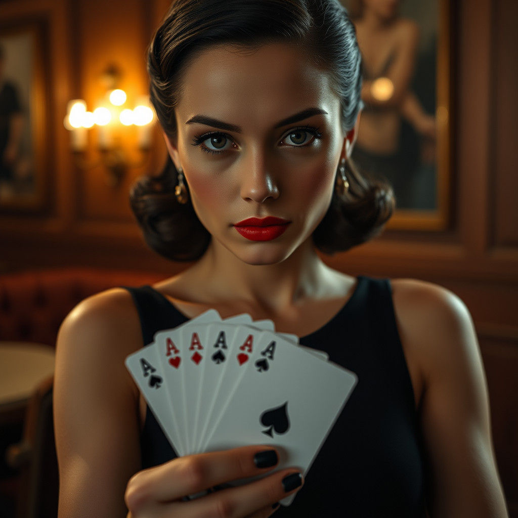 Woman Holding Aces in 1930s Lounge