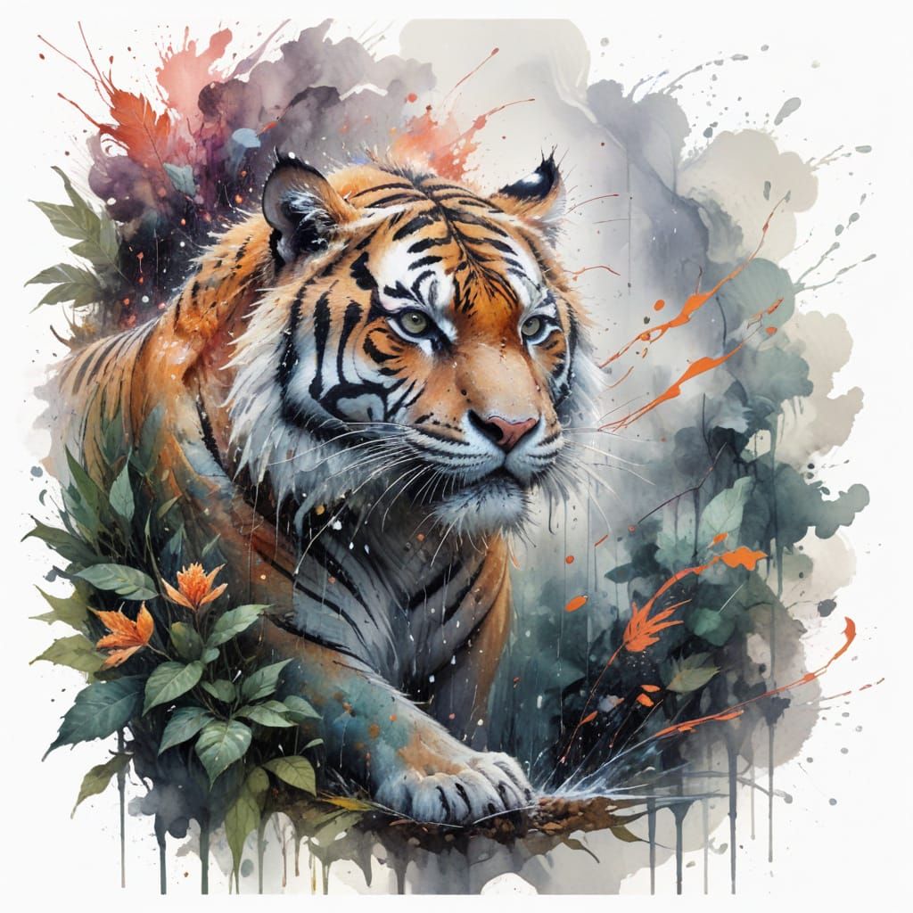 Ethereal Tiger Roams Stormy Jungle Landscape