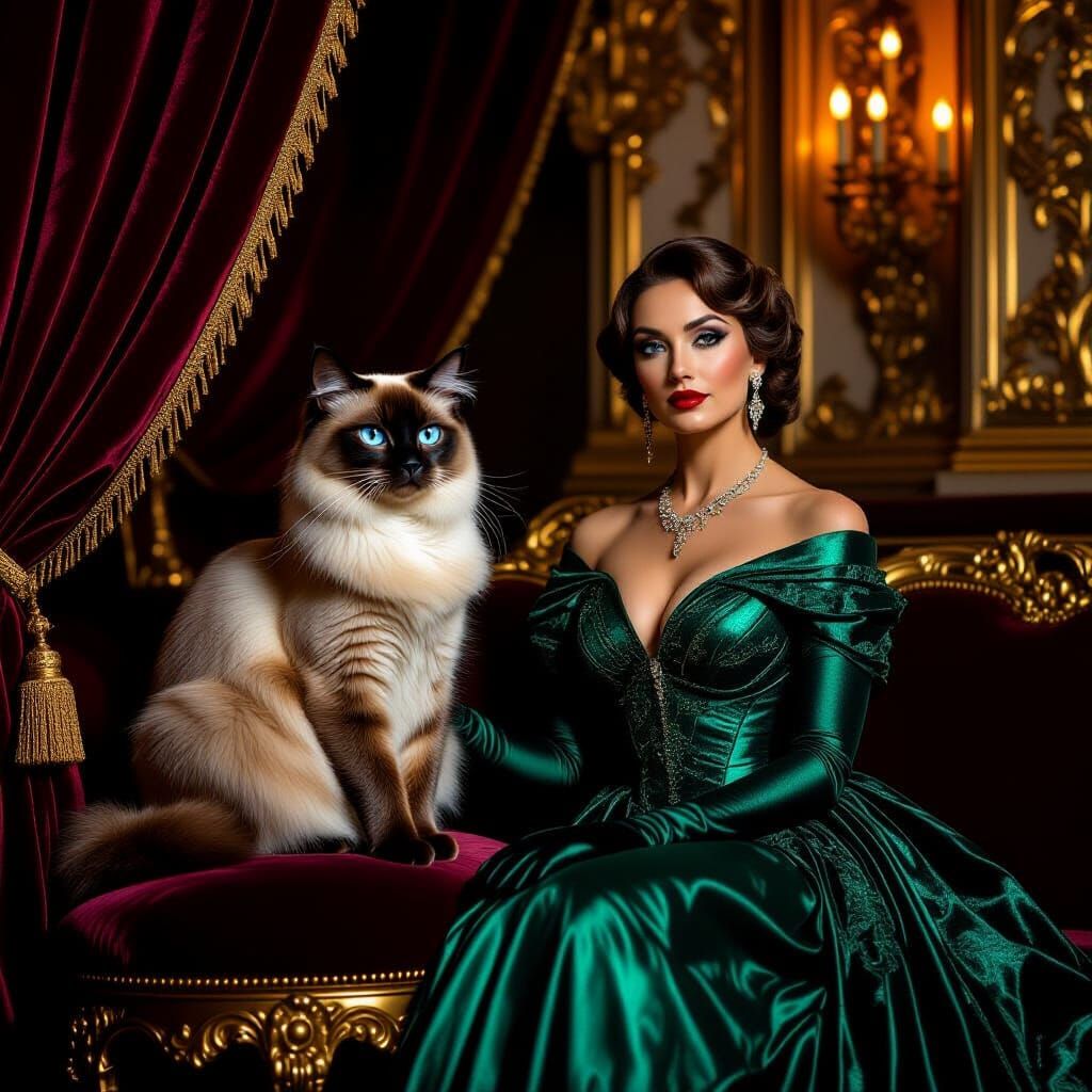 Regal Siamese Cat and Opera Singer in Opulent Theater