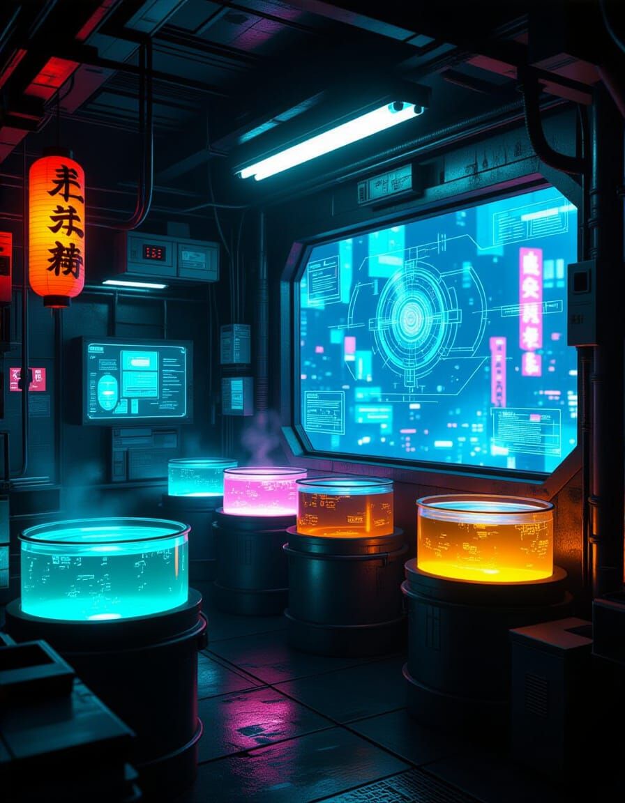 Cyberpunk Lab Hidden Below City: Concept Art Style