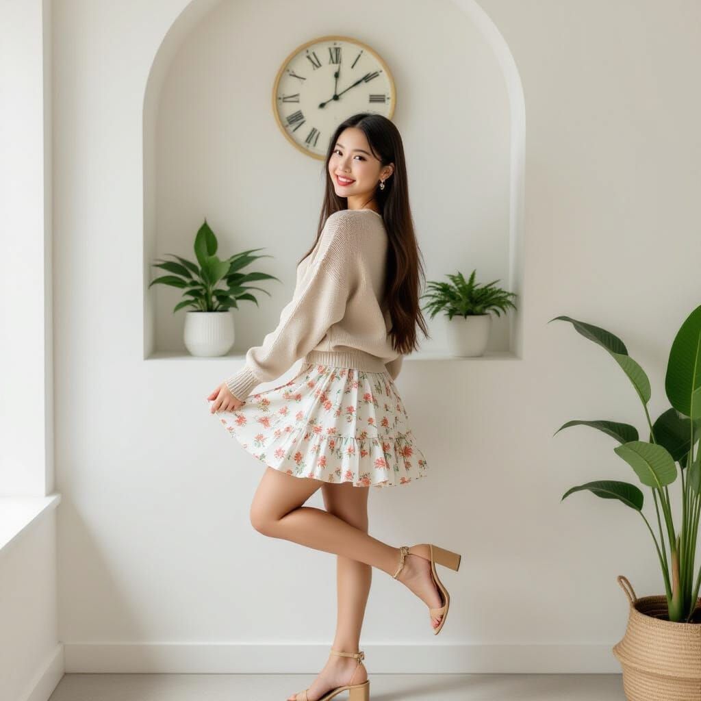 Playful Fashion Model in Minimalist Studio