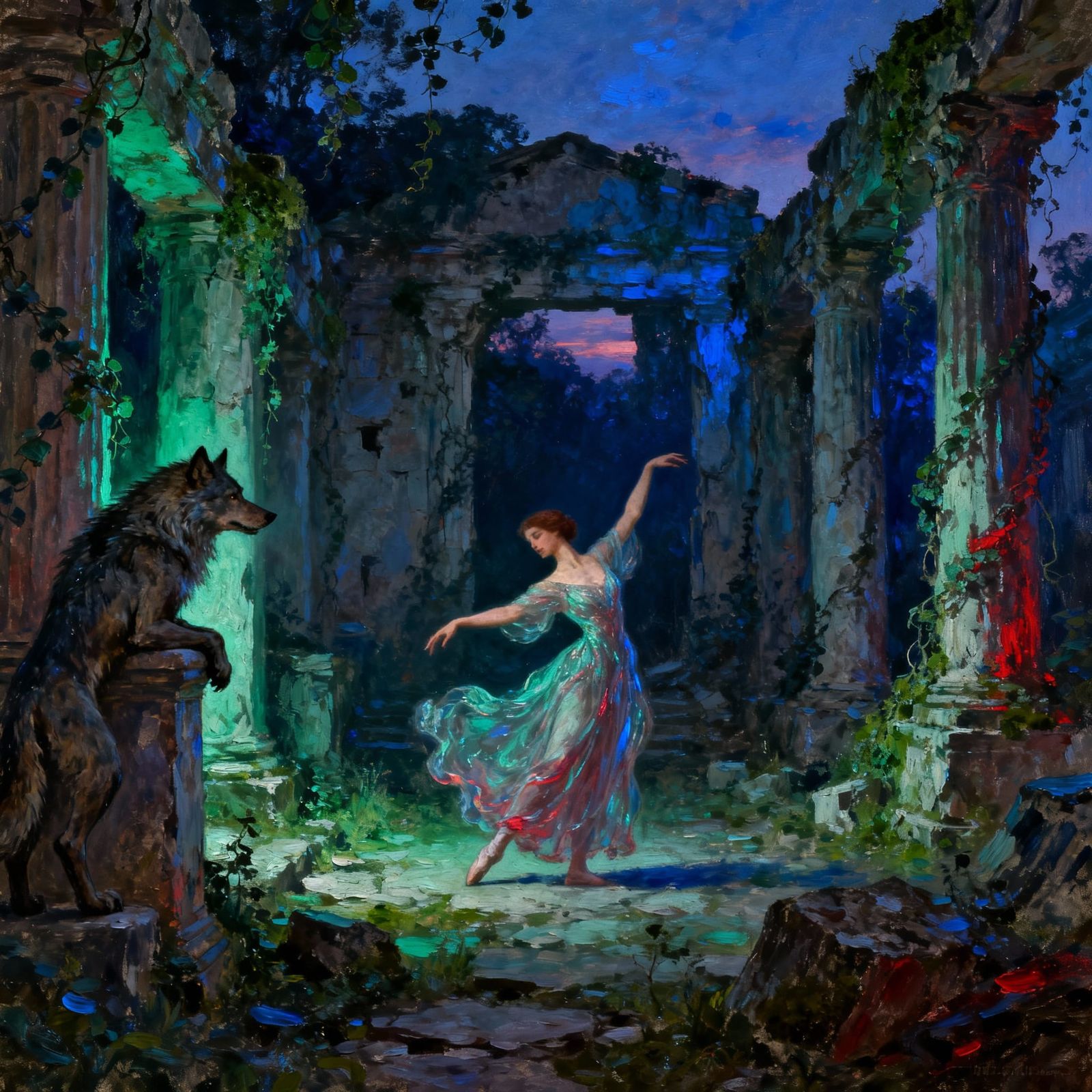 Ethereal Dancer in Ruins with Werewolf Observer