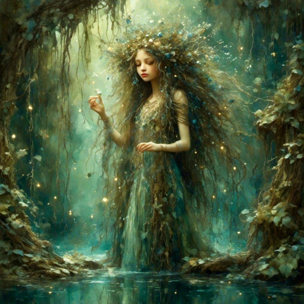 Goddess at Scrying Pool in Digital Art Style