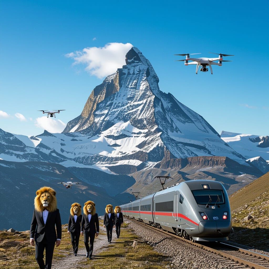 Majestic Mountain Scene with Futuristic and Mythical Element...