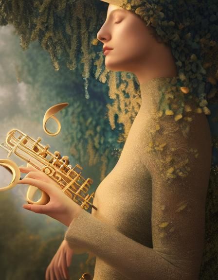 Mycelium Music Flowing from Woman Instrument