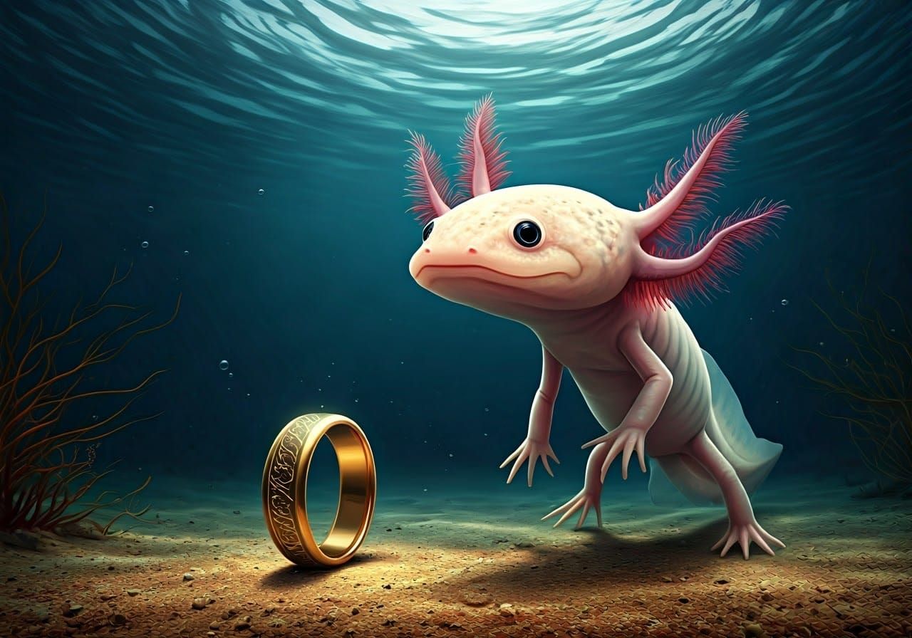 Axolotl Admires Intricate Ring on Ocean Floor