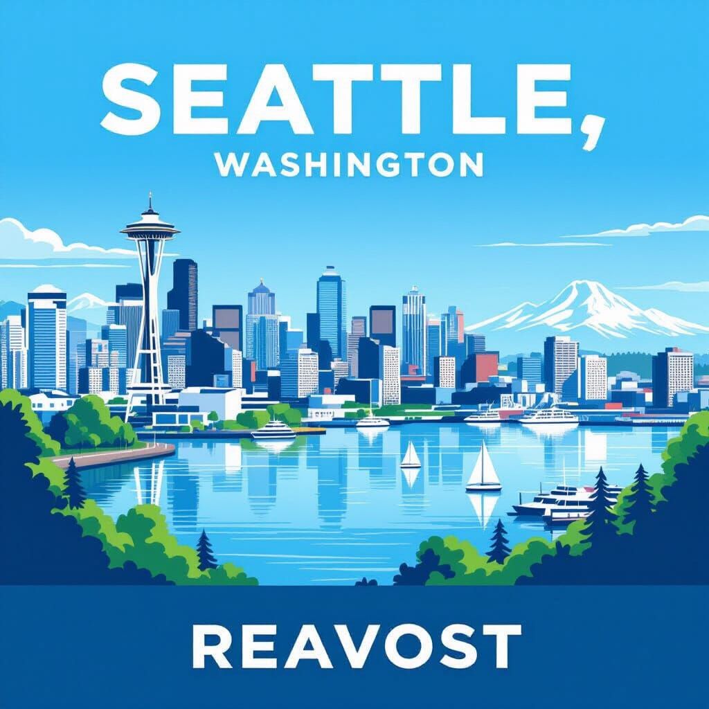 Iconic Seattle Skyline Illustration Across Reflective Water