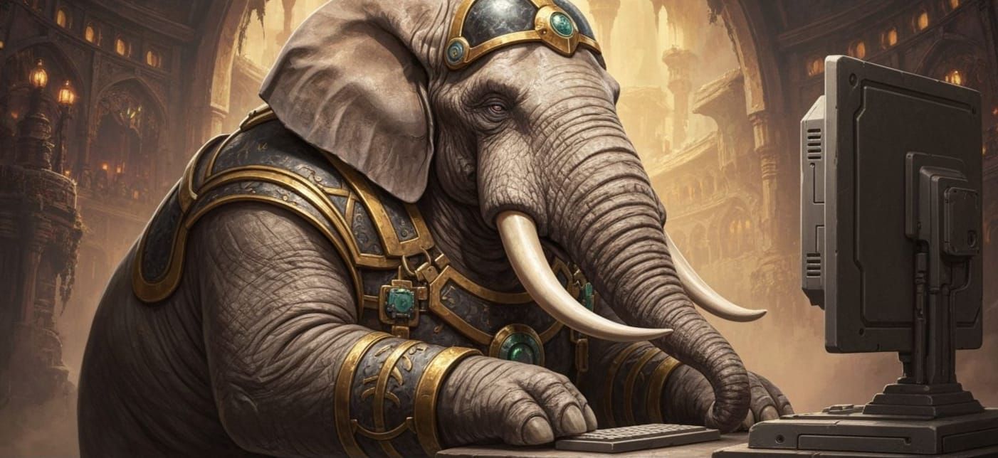 Elephant Using Futuristic Computer in Comic Book Style