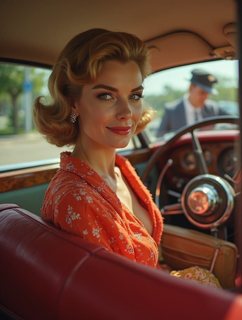 Glamorous Woman in Rolls Royce, Mid-Century Style