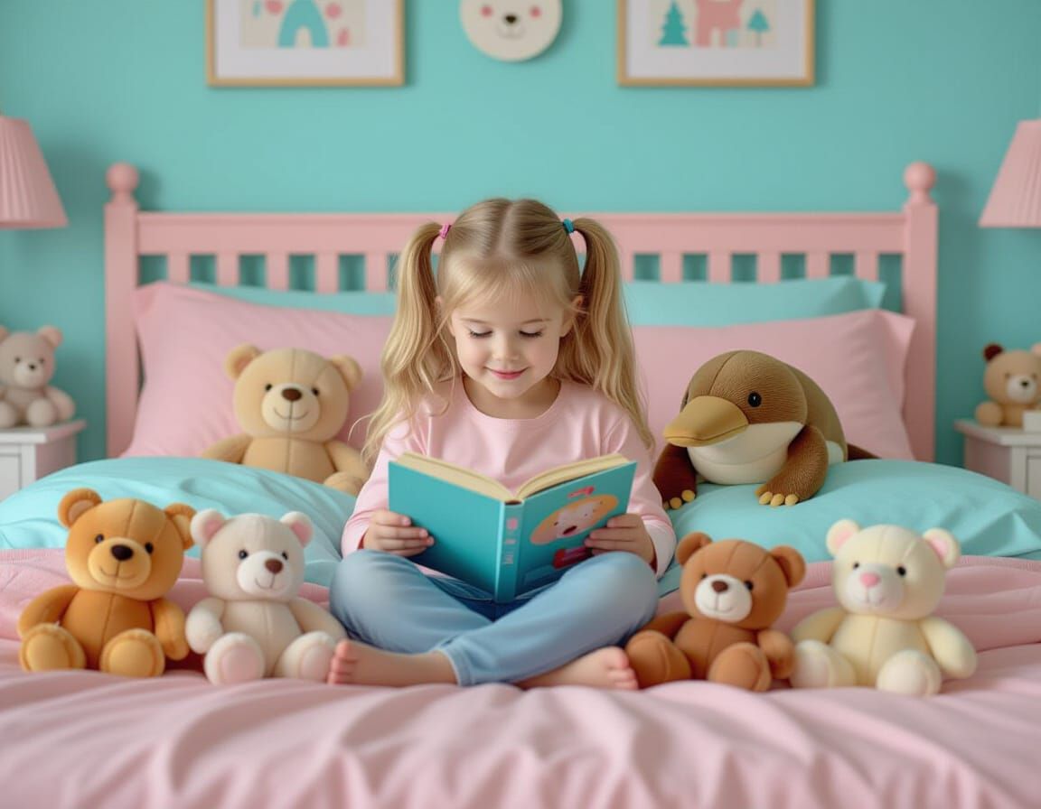 Girl Reading Bedside with Hidden Platypus, Realistic Style