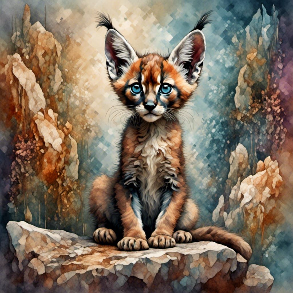 Caracal Kitten on Rock with Splash Background