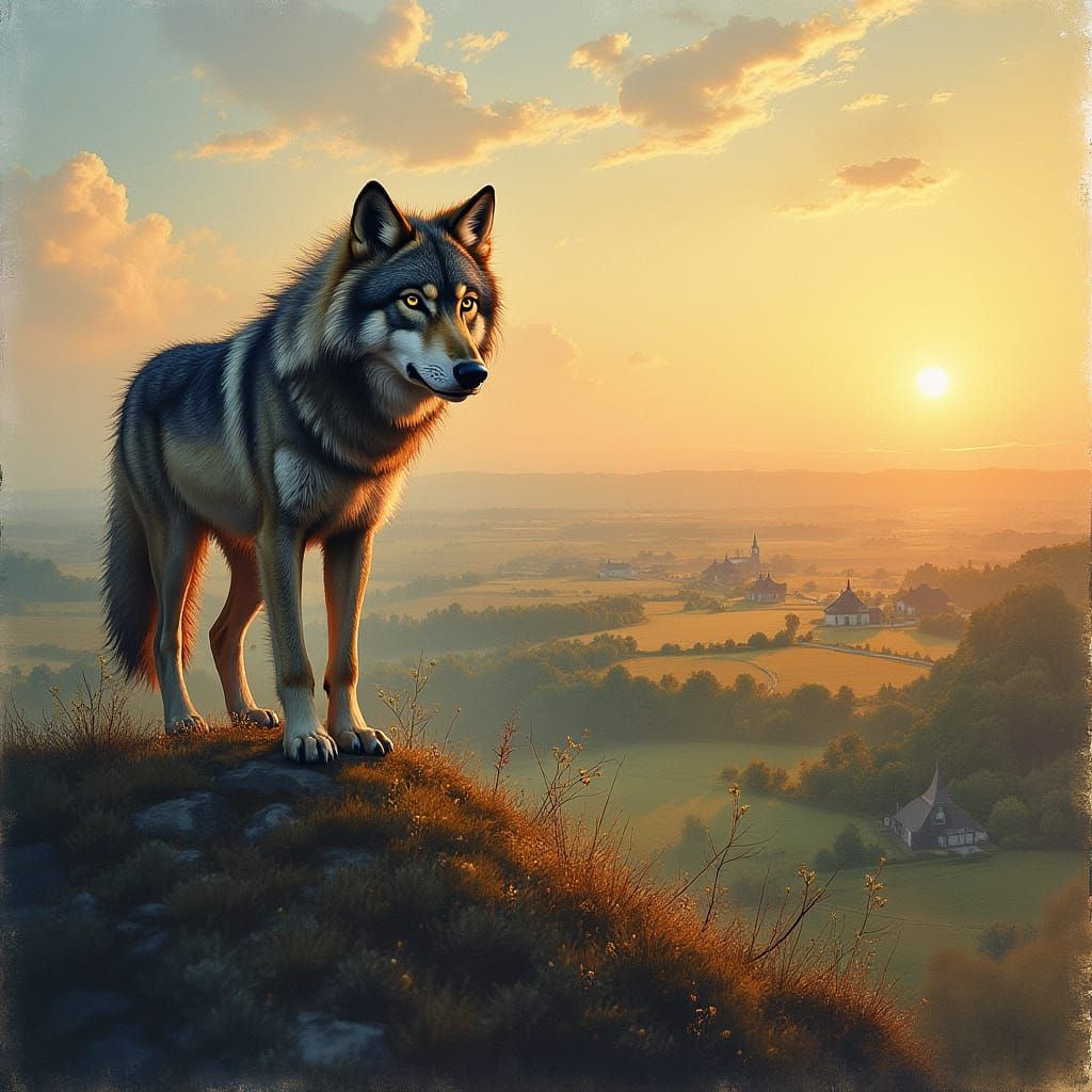 Lone Wolf Overlooking Dutch Countryside in Watercolour Style
