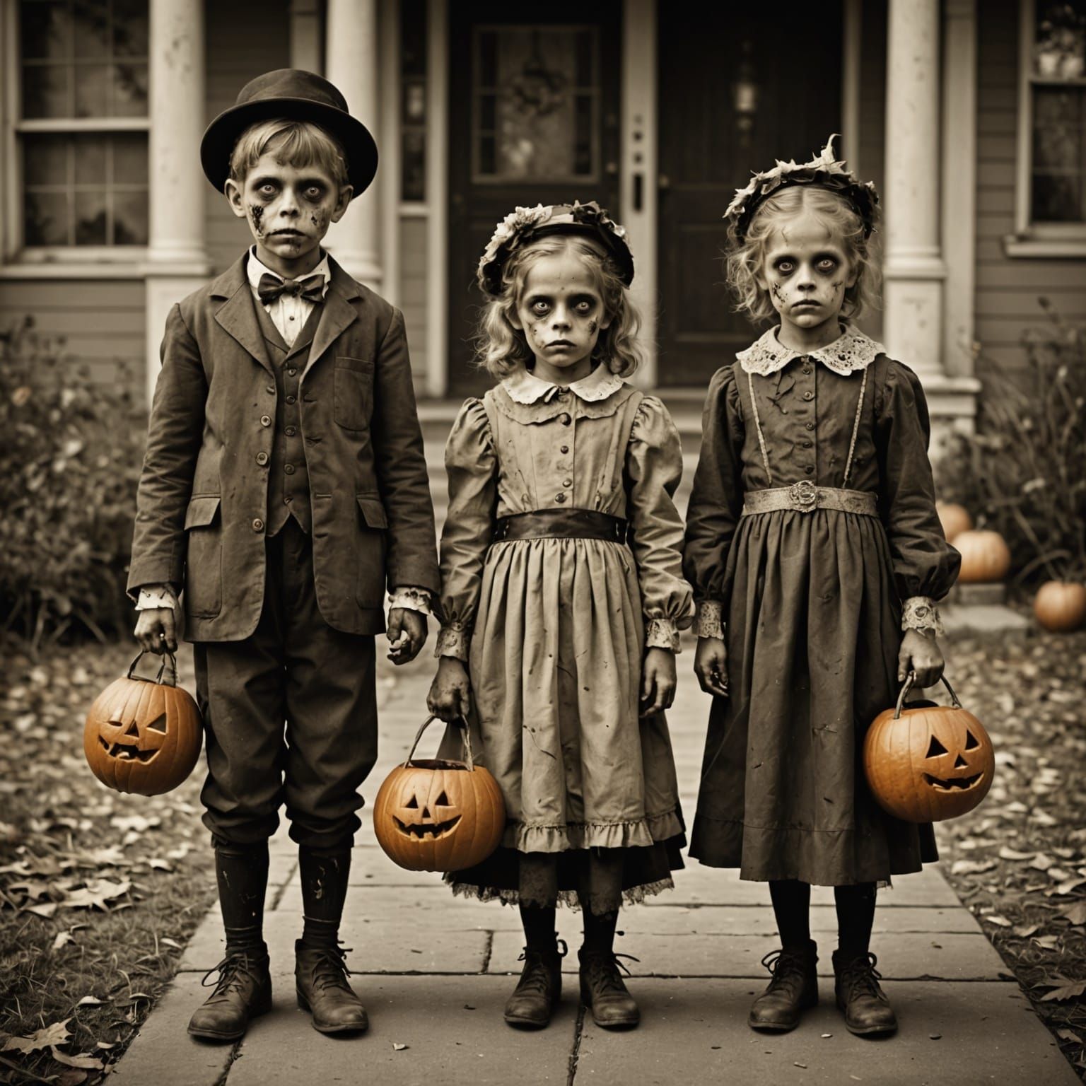 Creepy Zombie Children Trick-or-Treating in Vintage Style