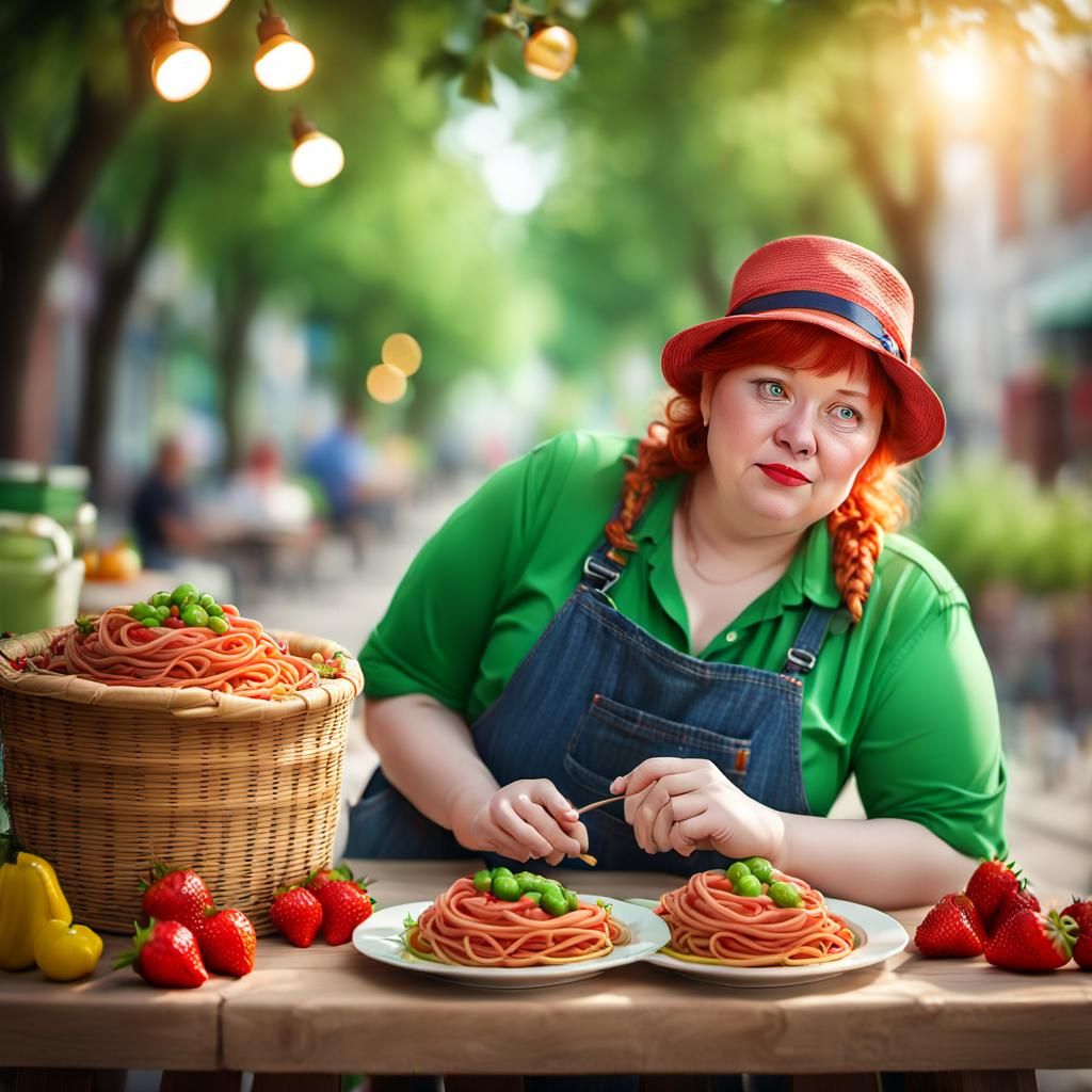 Redhead in Spaghetti Shirt: Hyperrealistic Food Fashion