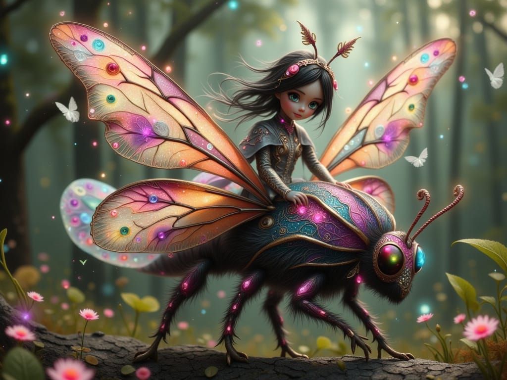 Whimsical Fae Girl Rides a Majestic Moth in Shimmering Armor