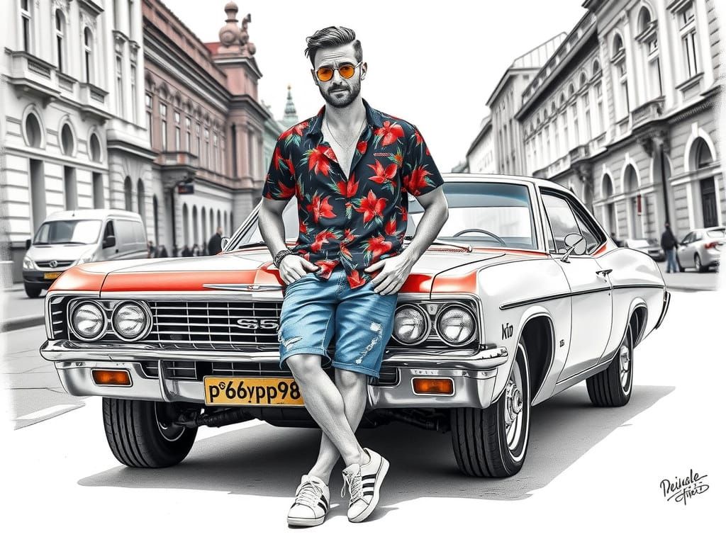 Man Leaning on Impala, Charcoal Drawing Style