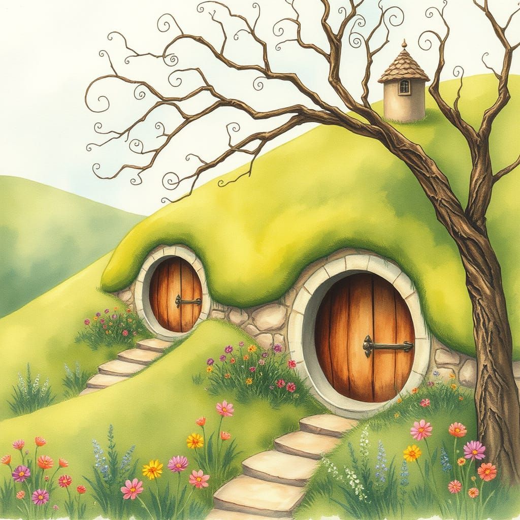 Whimsical Watercolor Hobbit Holes in English Countryside