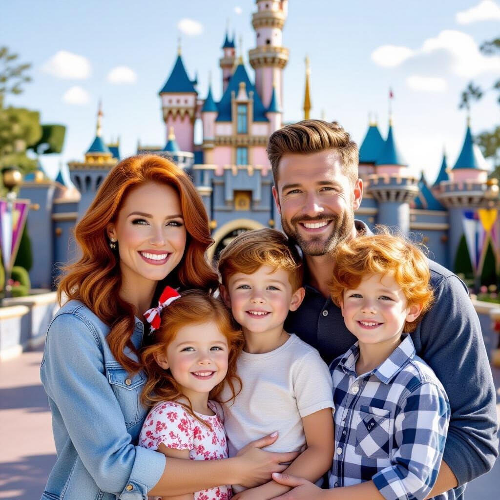 Red-Haired Family's Disneyland Photo, Photorealistic Style